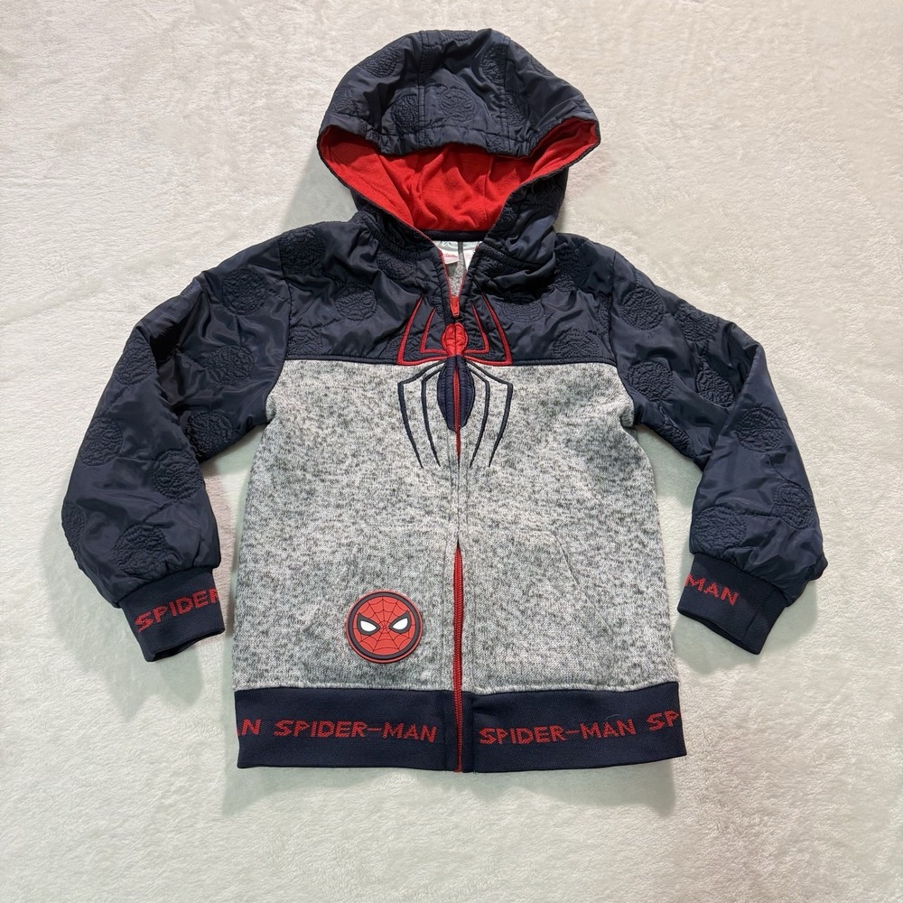 Marvel Spider-Man Kids SZ 7 Zip Up Hoodie Quilted Mixed Media Jacket Navy Gray
